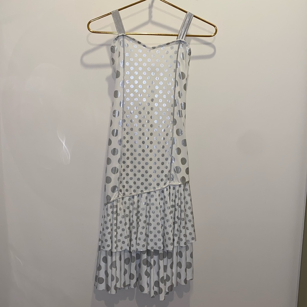 long white dress with silver dots